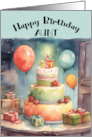 Aunt Birthday Party with Whimsical Cake Balloons Gifts Colorful card