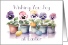 Easter Joy General Card with Cheerful Pansies and Colored Eggs card