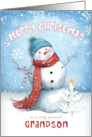 Merry Christmas to Grandson Snowman with Candy Cane card