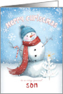 Merry Christmas to Son Snowman with Candy Cane card