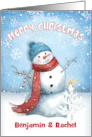 Merry Christmas Custom name card with Snowman with Candy Cane card