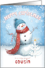 Merry Christmas to Cousin with Snowman with Candy Cane card