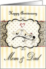 Happy Anniversary Mom & Dad, Lovebirds With Heart on Damask card