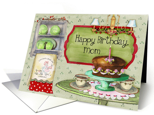 Happy Birthday, Mom; cake and retro towels and dishes card (1184076)