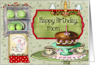 Happy Birthday, Mom; cake and retro towels and dishes card
