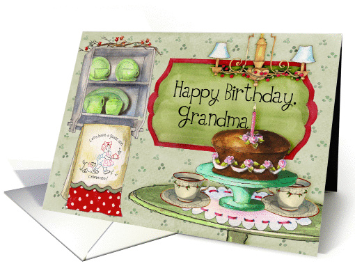 Happy Birthday, Grandma; cake and retro towels and dishes card
