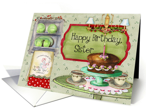 Happy Birthday, Sister; cake and retro towels and dishes card