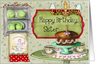 Happy Birthday, Sister; cake and retro towels and dishes card