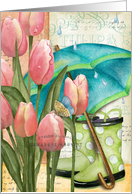 Pink Tulips with Umbrella, Rubber Boots Get Well Card French Ephemera card