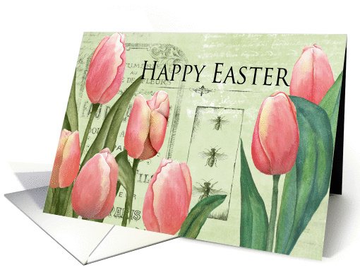 Pink Tulips on an Aged Background Wishes a Happy Easter card (1363468)