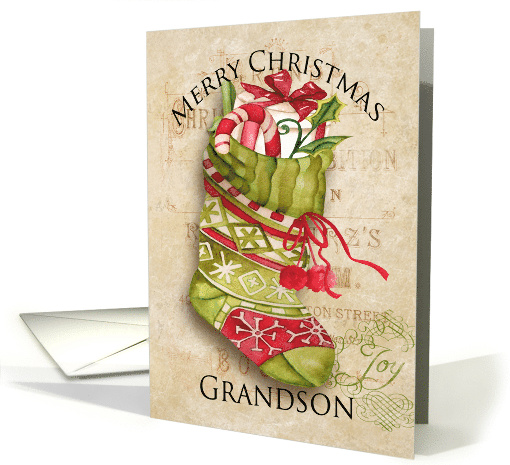 Christmas Stocking with Gifts on Aged Background for Grandson card