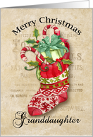 Christmas Stocking with Gifts on Aged Background for Granddaughter card