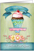 Happy Birthday, Mother-in-Law, with hand painted flowers and cupcake. card