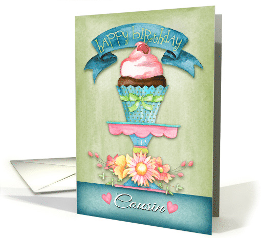 Happy Birthday, Cousin, with hand painted flowers and cupcake. card
