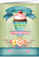 Happy Birthday, Cousin, with hand painted flowers and cupcake. card