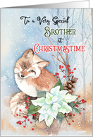 To Brother Merry Christmas Fox in Snow with Poinsettia and Berries card