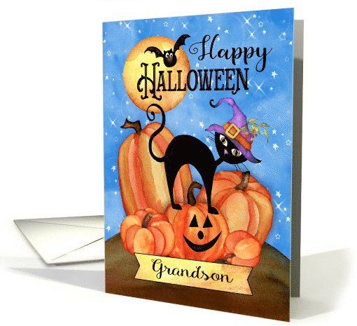 To Grandson Happy Halloween with Pumpkins, Cat, Bat,... (1641636)