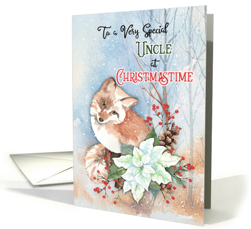 To Uncle Merry Christmas Fox in Snow with Poinsettia and Berries card