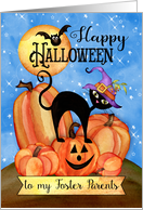 Foster Parents Happy Halloween with Pumpkins, Cat, Bat, Stars, Moon card
