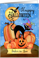 Sister-in-Law Happy Halloween with Pumpkins, Cat, Bat, Stars, Moon card