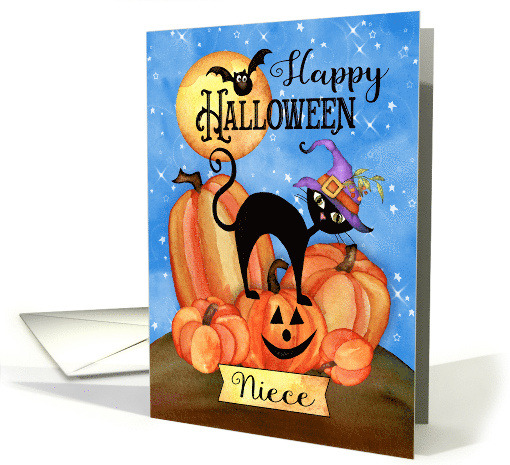 Niece Happy Halloween with Pumpkins, Cat, Bat, Stars, Moon card