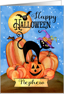 To a Nephew Happy Halloween with Pumpkins, Cat, Bat, Stars, Moon card