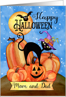 To Mom and Dad a Happy Halloween with Pumpkins, Cat, Bat, Stars, Moon card