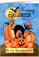 To Grandparents a Happy Halloween with Pumpkins, Cat, Bat, Stars, Moon card