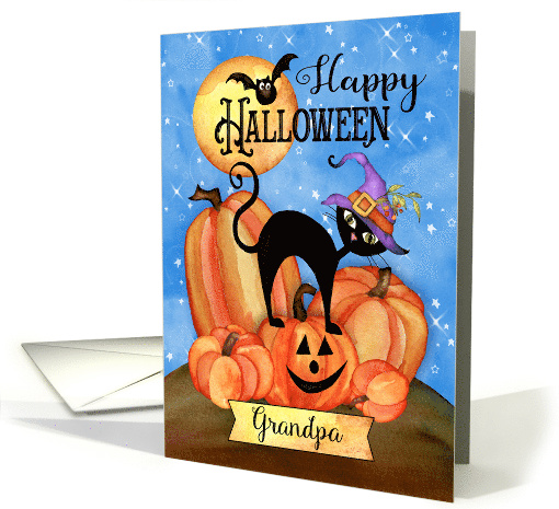 To Grandpa a Happy Halloween with Pumpkins, Cat, Bat, Stars, Moon card