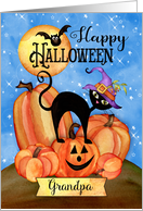 To Grandpa a Happy Halloween with Pumpkins, Cat, Bat, Stars, Moon card