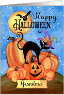 To Grandma a Happy Halloween with Pumpkins, Cat, Bat, Stars, Moon card