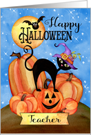 To Teacher Happy Halloween and Thank You with Pumpkins, Cat, Bat, Moon card