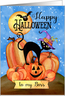 To Boss Thank you Happy Halloween with Pumpkins, Cat, Bat, Moon, Bat card