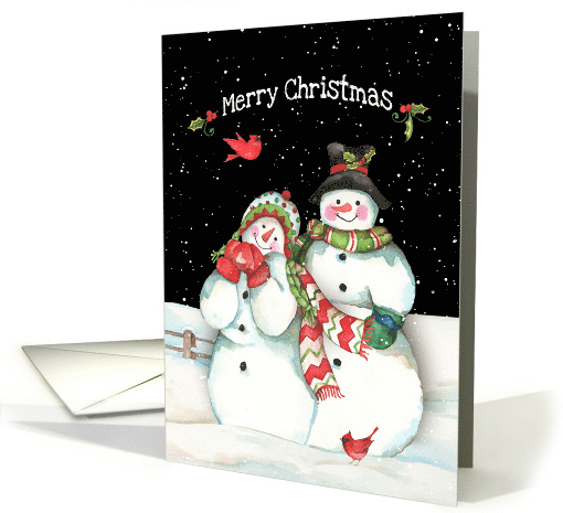 Merry Christmas with Snowmen Couple, Cardinals, and Snow card