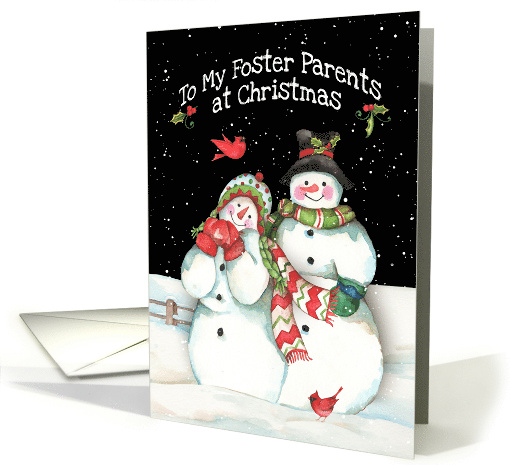 Foster Parents Merry Christmas with Snowmen Couple and Cardinals card