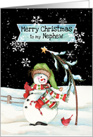 To Nephew a Merry Christmas with Snowman, Candy Cane, Cardinals card