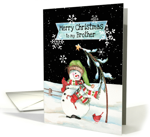 To Brother a Merry Christmas with Snowman, Candy Cane, Cardinals card