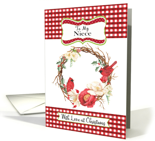 To Niece Love at Christmas with Checks and Cardinals in Wreath card