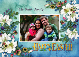 Custom Photo and Name for a Happy Easter with Lilies Berries Leaves