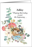 Custom Name Card Happy Birthday with Chickadee on a Nest and Flowers card