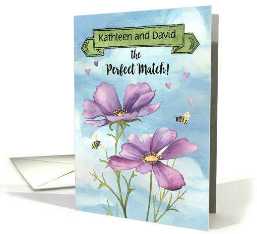 Custom Names Wedding Wishes with Watercolor Flowers Bees card
