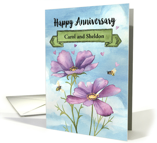 Custom Names Happy Anniversary with Watercolor Flowers Bees card