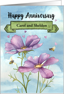 Custom Names Happy Anniversary with Watercolor Flowers Bees card