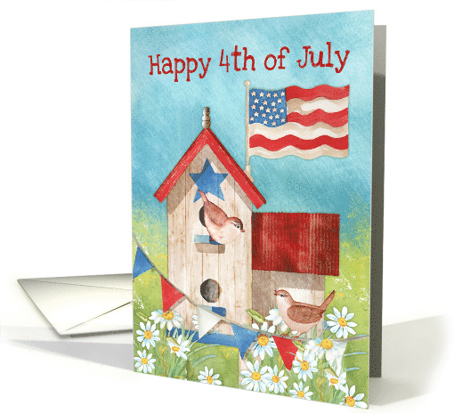 Happy 4th of July Birdhouse with Birds USA Flag and Banner card