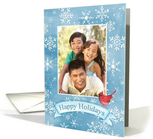 Custom Photo Happy Holidays with Snowflakes and Cardinal card