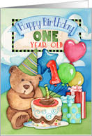 Happy Birthday One Year Old with Cute Teddy Bear, Balloons, Cake, Gift card