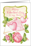 Niece Valentine’s Day Hearts Float from Envelope with Roses card
