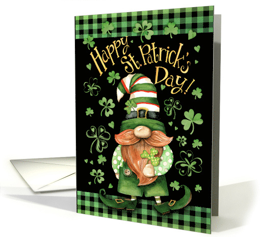 St. Patrick's Day Gnome with Shamrocks Hearts and Green Check card