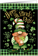 St. Patrick’s Day Gnome with Shamrocks Hearts and Green Check card