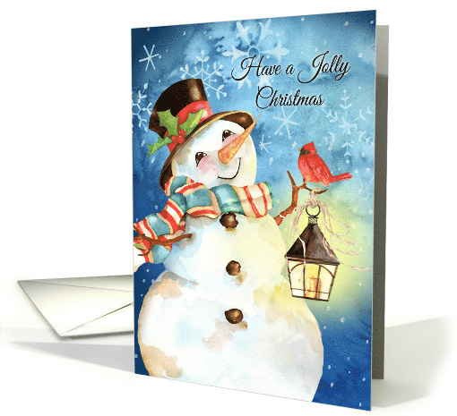 Christmas Snowman with Cardinal Lantern and Snowflakes to Anyone card